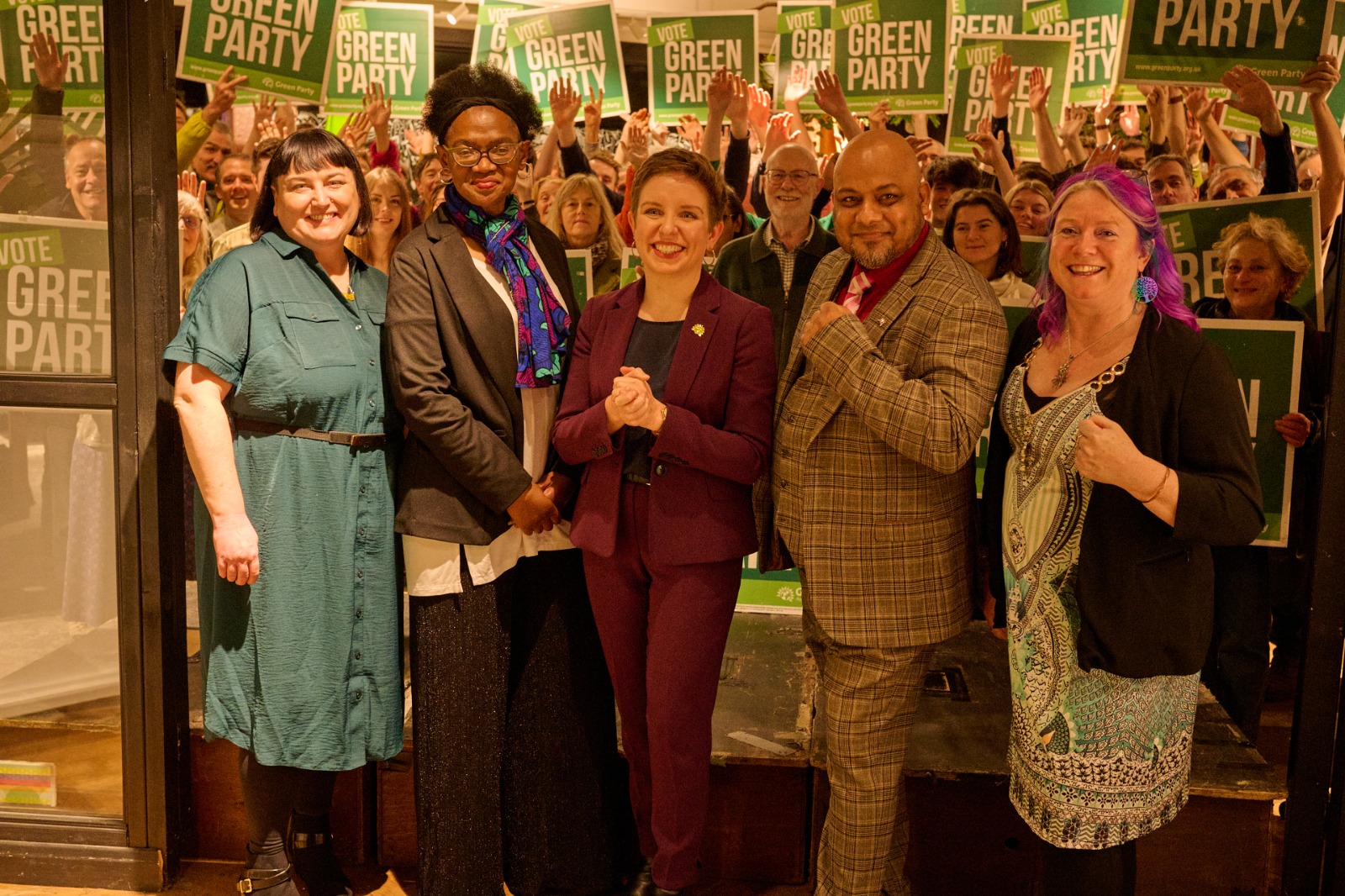 Green Party general election candidates, from left to right: Jai Breitnauer, Lorraine Francis, Carla Denyer, Naseem Talukdar and Mary Page.
